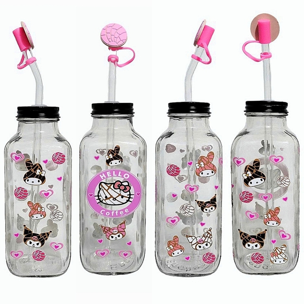 Hello Kitty Glass Bottle Iced Coffee Cup 16oz Pink Black Mexican Concha Design